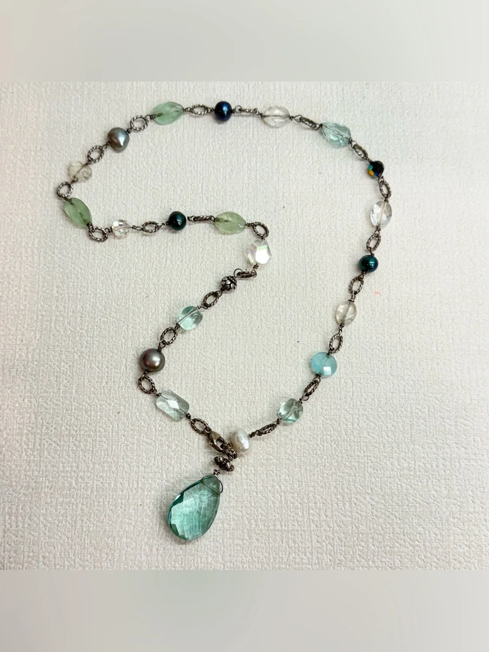 Sterling silver, glass, quartz, genuine pearl front clasp necklace